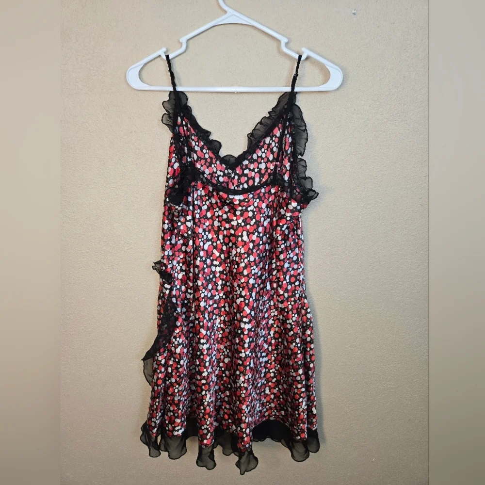 Sensara Red Black Dots Satin Chemise with Lace Ruffles 1X (6211)